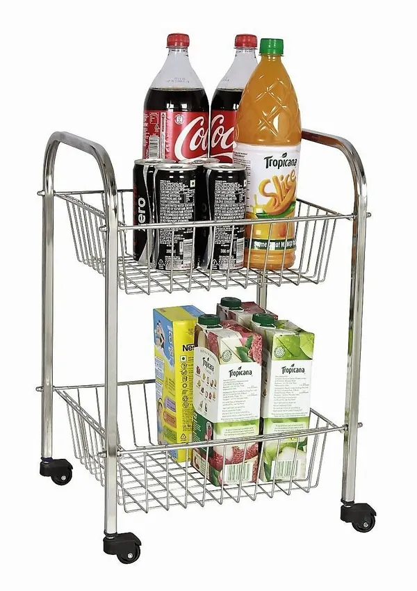 Stainless_Steel_Basket/Onion/Potato/Grocery/Fruit/Kitchen_Wheel_Trolley_2_Layer/Tier_Medium_Size_Stainless_Steel_Kitchen_Trolley_30_X_30_X_50_Cm