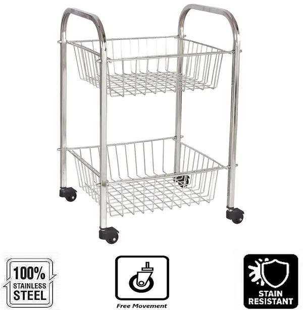 Stainless_Steel_Basket/Onion/Potato/Grocery/Fruit/Kitchen_Wheel_Trolley_2_Layer/Tier_Medium_Size_Stainless_Steel_Kitchen_Trolley_30_X_30_X_50_Cm