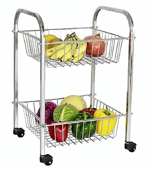 Stainless_Steel_Basket/Onion/Potato/Grocery/Fruit/Kitchen_Wheel_Trolley_2_Layer/Tier_Medium_Size_Stainless_Steel_Kitchen_Trolley_30_X_30_X_50_Cm