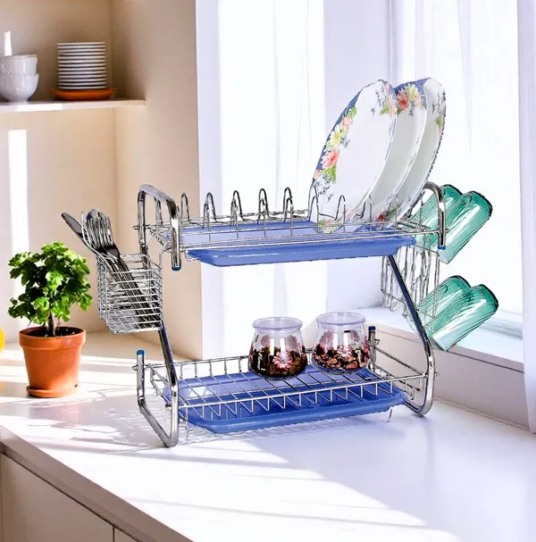 Amol®_Stainless_Steel_Dish_Rack_–_Multi-Purpose_Utensils_Holder,_Vessels_Stand,_Kitchen_Organizer_with_Drainboard,_Glass_Hanger,_Cutlery_&_Plate_Drainer_|_Space_Saving_Kitchen_Rack_for_Modern_Homes