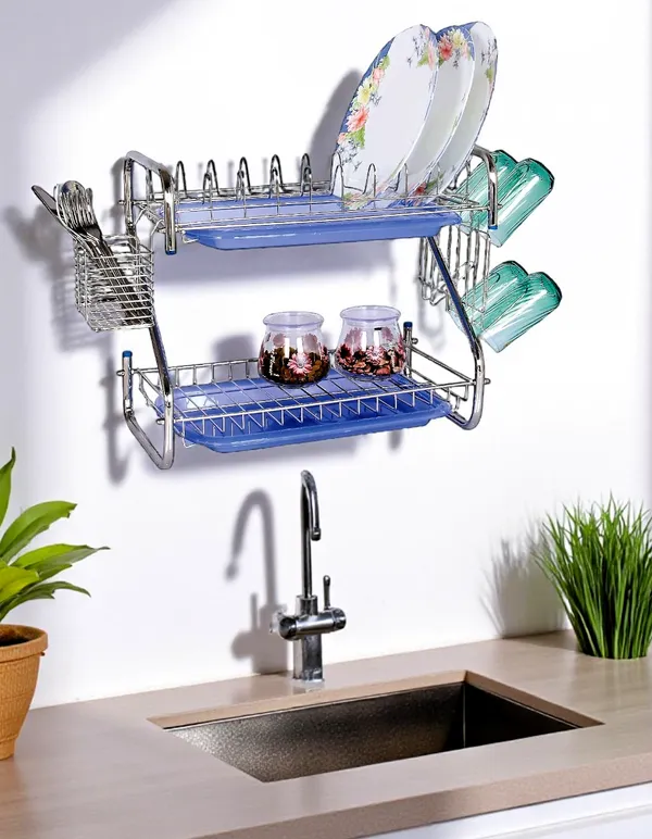 Amol®_Stainless_Steel_Dish_Rack_–_Multi-Purpose_Utensils_Holder,_Vessels_Stand,_Kitchen_Organizer_with_Drainboard,_Glass_Hanger,_Cutlery_&_Plate_Drainer_|_Space_Saving_Kitchen_Rack_for_Modern_Homes