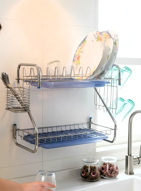 Amol®_Stainless_Steel_Dish_Rack_–_Multi-Purpose_Utensils_Holder,_Vessels_Stand,_Kitchen_Organizer_with_Drainboard,_Glass_Hanger,_Cutlery_&_Plate_Drainer_|_Space_Saving_Kitchen_Rack_for_Modern_Homes