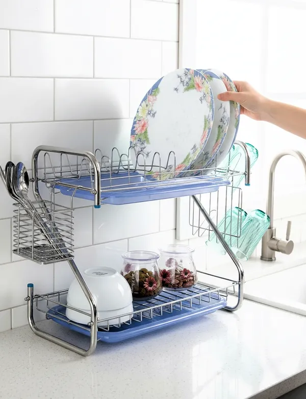 Amol®_Stainless_Steel_Dish_Rack_–_Multi-Purpose_Utensils_Holder,_Vessels_Stand,_Kitchen_Organizer_with_Drainboard,_Glass_Hanger,_Cutlery_&_Plate_Drainer_|_Space_Saving_Kitchen_Rack_for_Modern_Homes