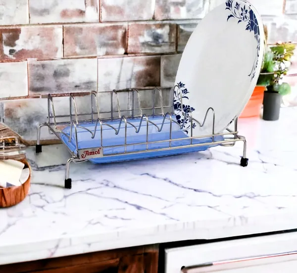 Dish_Holder_For_12_Plates_Stainless_Steel_Dish_Stand/Dish_Rack_With_Plastic_Tray_For_Draining_33_X_19.1_X_30.5_Cm
