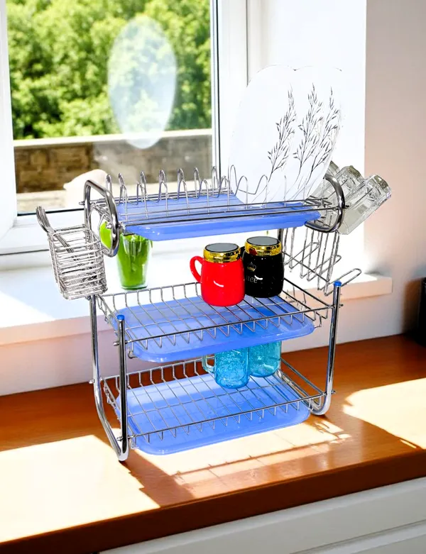 Amol®_Premium_3-Tier_Stainless_Steel_Kitchen_Organizer_–_Multi-Purpose_Dish_Rack,_Utensils_Holder_&_Wall_Mount_Stand_with_3_Plastic_Trays_|_Over_Sink_&_Countertop_Dish_Drainer_for_Indian_Kitchens