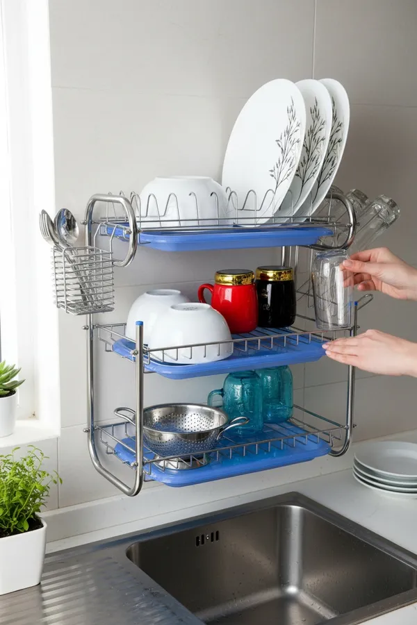 Amol®_Premium_3-Tier_Stainless_Steel_Kitchen_Organizer_–_Multi-Purpose_Dish_Rack,_Utensils_Holder_&_Wall_Mount_Stand_with_3_Plastic_Trays_|_Over_Sink_&_Countertop_Dish_Drainer_for_Indian_Kitchens