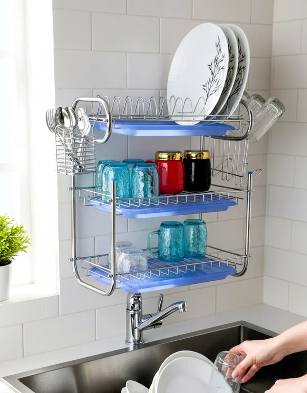 Amol®_Premium_3-Tier_Stainless_Steel_Kitchen_Organizer_–_Multi-Purpose_Dish_Rack,_Utensils_Holder_&_Wall_Mount_Stand_with_3_Plastic_Trays_|_Over_Sink_&_Countertop_Dish_Drainer_for_Indian_Kitchens
