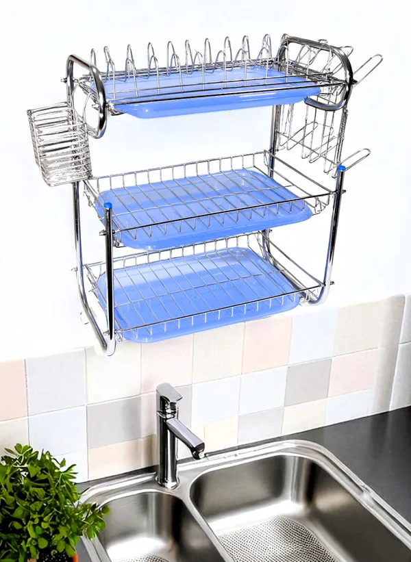 Amol®_Premium_3-Tier_Stainless_Steel_Kitchen_Organizer_–_Multi-Purpose_Dish_Rack,_Utensils_Holder_&_Wall_Mount_Stand_with_3_Plastic_Trays_|_Over_Sink_&_Countertop_Dish_Drainer_for_Indian_Kitchens
