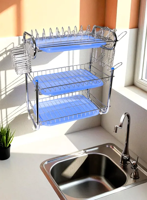 Amol®_Premium_3-Tier_Stainless_Steel_Kitchen_Organizer_–_Multi-Purpose_Dish_Rack,_Utensils_Holder_&_Wall_Mount_Stand_with_3_Plastic_Trays_|_Over_Sink_&_Countertop_Dish_Drainer_for_Indian_Kitchens