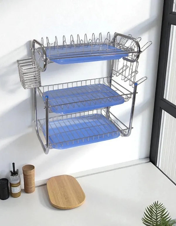 Amol®_Premium_3-Tier_Stainless_Steel_Kitchen_Organizer_–_Multi-Purpose_Dish_Rack,_Utensils_Holder_&_Wall_Mount_Stand_with_3_Plastic_Trays_|_Over_Sink_&_Countertop_Dish_Drainer_for_Indian_Kitchens