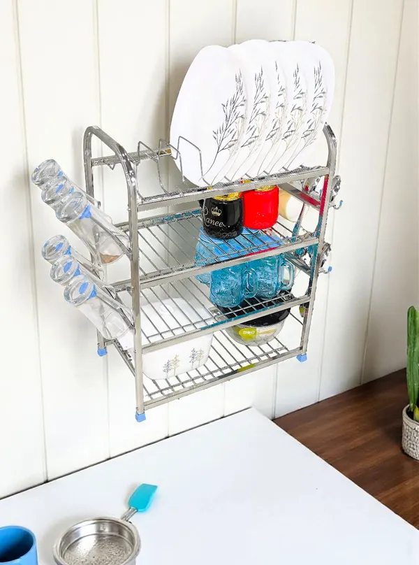 Amol®_3-Tier_Pure_Stainless_Steel_Dish_Rack_24_x_18_x_10_inch_—_Wall-Hanging_&_Countertop_Plate_Organizer_with_Cutlery_Holder,_Glass_Rack