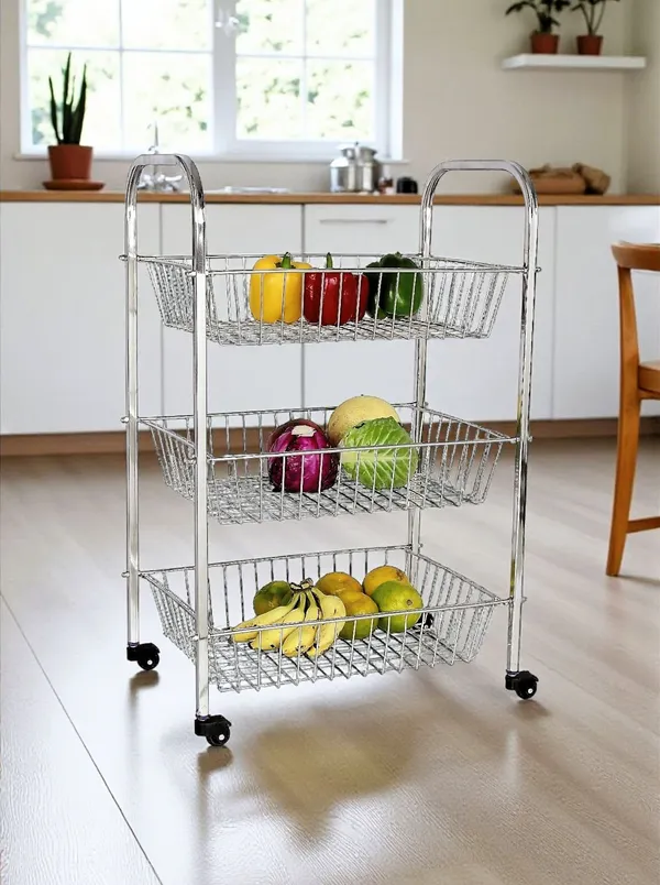 Stainless_Steel_3_Step_Fruit/Vegetable_Rack/Onion/Potato/Basket/Wheel/Kitchen_Organizer_Trolley_Stainless_Steel_Kitchen_Trolley_27.5_X_13.5_X_11.8_Inch