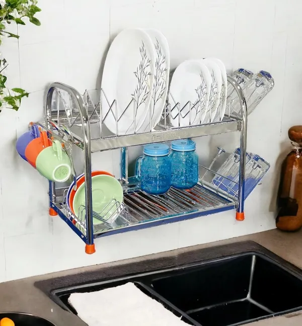 Amol®_Premium_2-Tier_Stainless_Steel_Kitchen_Rack_–_Multi-Purpose_Dish_Drainer,_Utensils_Organizer_with_Cup_Holder_|_Rust_Proof_Wall_Mount_&_Countertop_Space_Saving_Kitchen_Stand_for_Indian_Homes