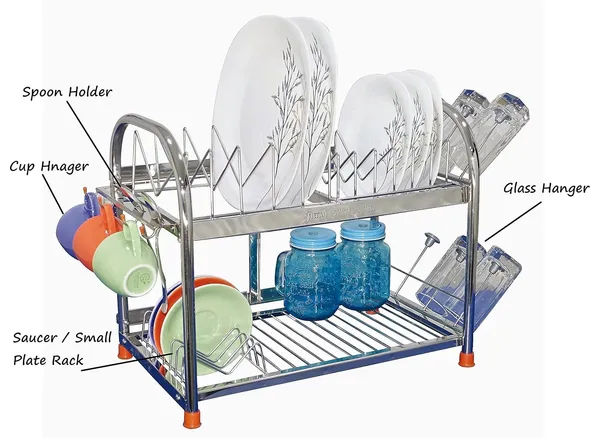 Amol®_Premium_2-Tier_Stainless_Steel_Kitchen_Rack_–_Multi-Purpose_Dish_Drainer,_Utensils_Organizer_with_Cup_Holder_|_Rust_Proof_Wall_Mount_&_Countertop_Space_Saving_Kitchen_Stand_for_Indian_Homes