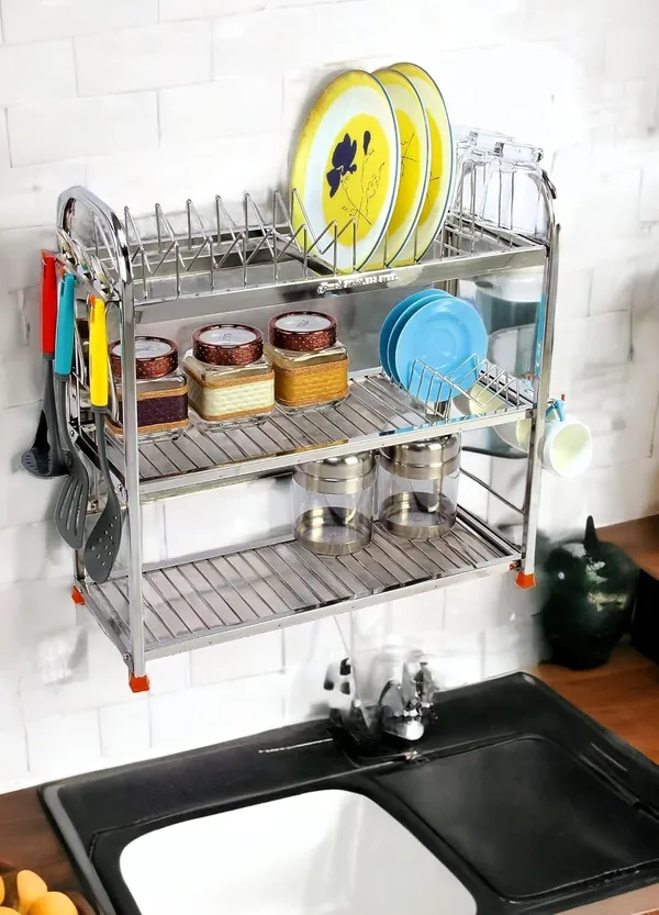 Amol®_Stainless_Steel_Kitchen_Rack_22x22x9_in_|_3-Tier_Dish_Drying_Stand_with_Plate_Holder_&_Cup_Hooks_|_Rust-Proof_Countertop_Utensils_Organizer_for_Thali_&_Bhandi_|_Pathiram_Rack_/_Pathre_Stand_/_Saaman_Rack