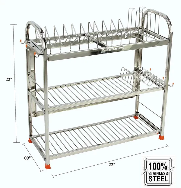 Amol®_Stainless_Steel_Kitchen_Rack_22x22x9_in_|_3-Tier_Dish_Drying_Stand_with_Plate_Holder_&_Cup_Hooks_|_Rust-Proof_Countertop_Utensils_Organizer_for_Thali_&_Bhandi_|_Pathiram_Rack_/_Pathre_Stand_/_Saaman_Rack