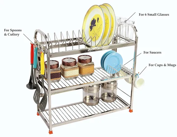 Amol®_Stainless_Steel_Kitchen_Rack_22x22x9_in_|_3-Tier_Dish_Drying_Stand_with_Plate_Holder_&_Cup_Hooks_|_Rust-Proof_Countertop_Utensils_Organizer_for_Thali_&_Bhandi_|_Pathiram_Rack_/_Pathre_Stand_/_Saaman_Rack