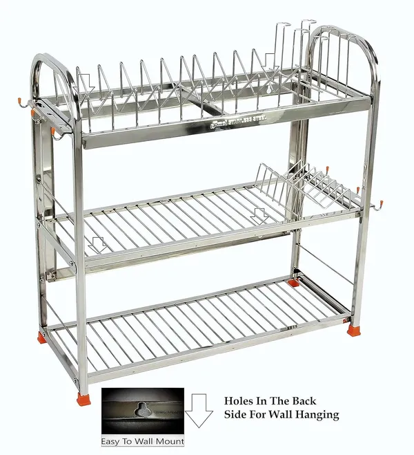 Amol®_Stainless_Steel_Kitchen_Rack_22x22x9_in_|_3-Tier_Dish_Drying_Stand_with_Plate_Holder_&_Cup_Hooks_|_Rust-Proof_Countertop_Utensils_Organizer_for_Thali_&_Bhandi_|_Pathiram_Rack_/_Pathre_Stand_/_Saaman_Rack