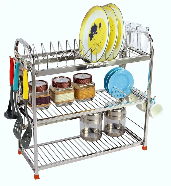 Amol®_Stainless_Steel_Kitchen_Rack_22x22x9_in_|_3-Tier_Dish_Drying_Stand_with_Plate_Holder_&_Cup_Hooks_|_Rust-Proof_Countertop_Utensils_Organizer_for_Thali_&_Bhandi_|_Pathiram_Rack_/_Pathre_Stand_/_Saaman_Rack