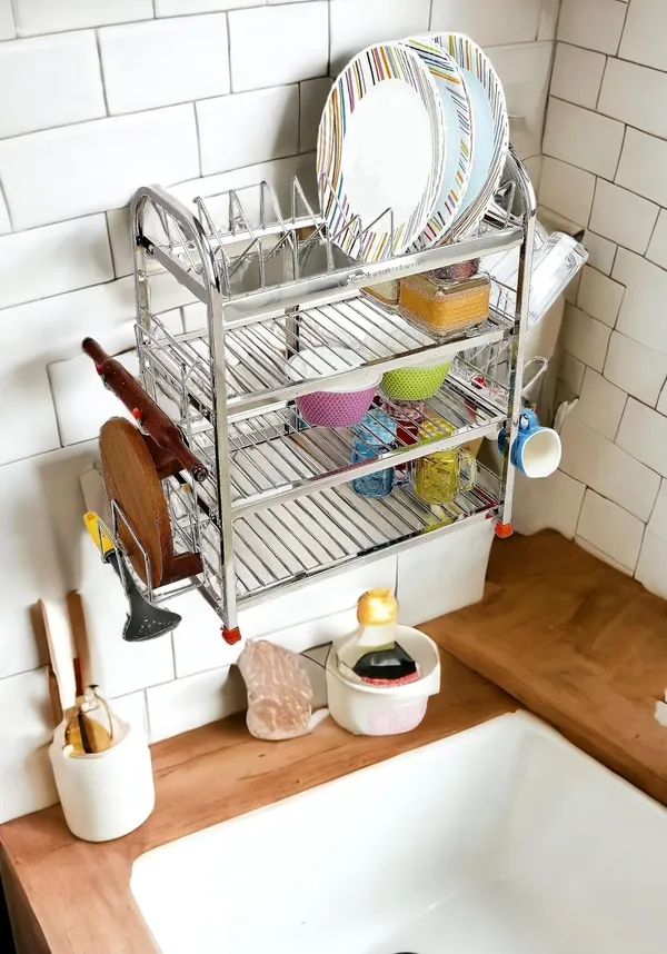 Stainless_Steel_Dish_Rack/Utensils_Rack/Wall_Mount/Bartan_Stand/Medium_Size_With_Glass_Holder_And_Rolling_Pin_Holder_22.9D_X_45.7W_X_61H_Cm