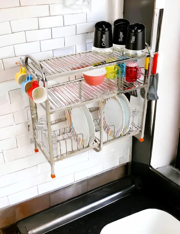 Amol®_Stainless_Steel_Wall_Mount_Dish_Rack_–_24x24_Inch_Medium_Size_Kitchen_Organizer_with_Glass_Hanger,_Plate_Holder_&_Utensils_Drainer_Stand