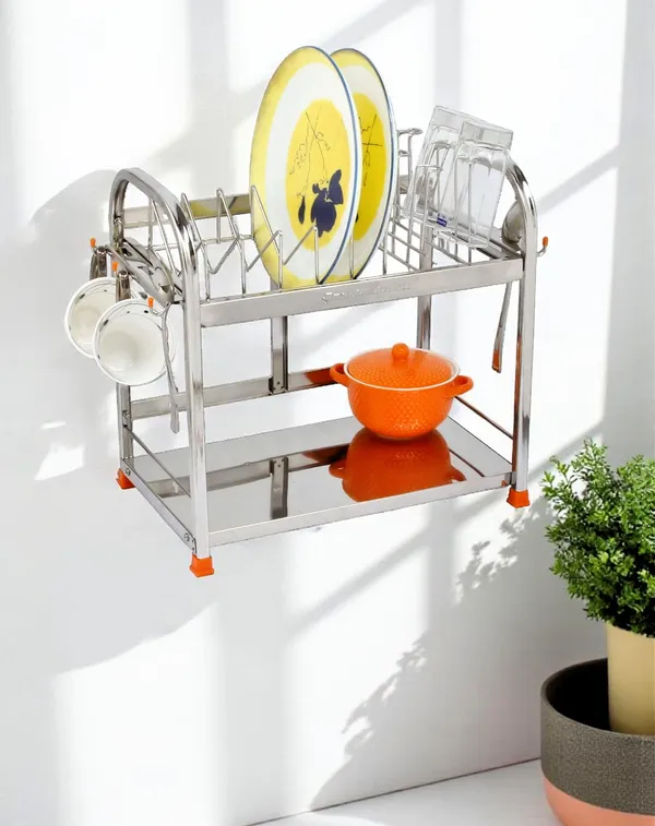 AMOL®_Premium_Stainless_Steel_Dish_Rack_–_2-Tier_Utensils_Organizer_with_Plate_&_Cup_Holders_|_Rust_Proof_Wall_Mount_Kitchen_Stand_&_Space-Saving_Dish_Drainer_for_Modern_Indian_Kitchens