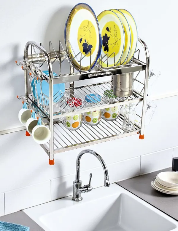 AMOL®_Premium_Stainless_Steel_Kitchen_Rack_–_Multi-Purpose_2-Tier_Utensils_Organizer_with_6_Glass_Holder_|_Rust_Resistant_Wall_Mount_&_Countertop_Dish_Drainer_Stand_for_Indian_Kitchens