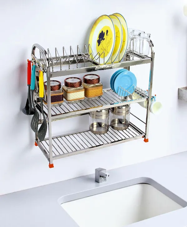 Amol®_Stainless_Steel_Kitchen_Rack_22x22x9_in_|_3-Tier_Dish_Drying_Stand_with_Plate_Holder_&_Cup_Hooks_|_Rust-Proof_Countertop_Utensils_Organizer_for_Thali_&_Bhandi_|_Pathiram_Rack_/_Pathre_Stand_/_Saaman_Rack