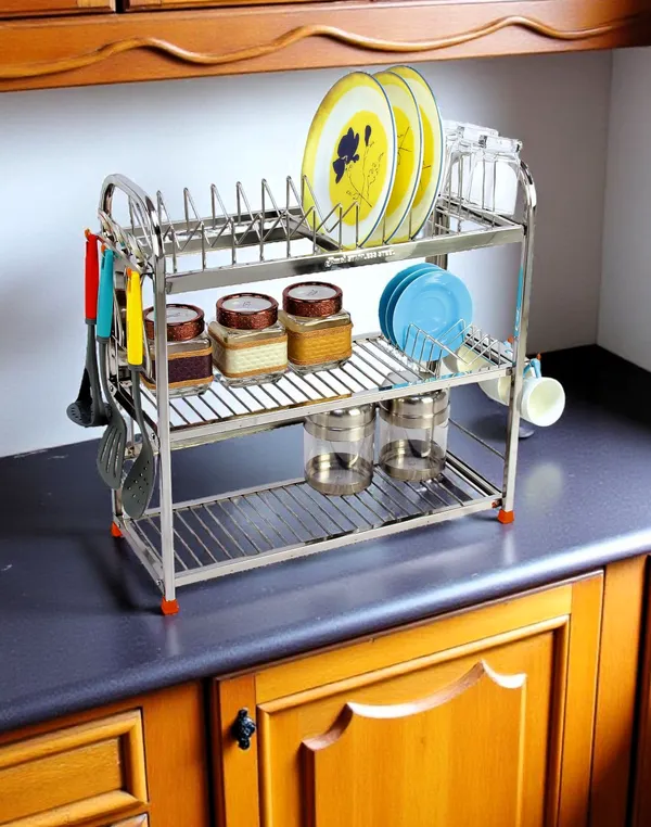 Amol®_Stainless_Steel_Kitchen_Rack_22x22x9_in_|_3-Tier_Dish_Drying_Stand_with_Plate_Holder_&_Cup_Hooks_|_Rust-Proof_Countertop_Utensils_Organizer_for_Thali_&_Bhandi_|_Pathiram_Rack_/_Pathre_Stand_/_Saaman_Rack