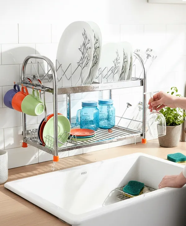 Amol®_Premium_2-Tier_Stainless_Steel_Kitchen_Rack_–_Multi-Purpose_Dish_Drainer,_Utensils_Organizer_with_Cup_Holder_|_Rust_Proof_Wall_Mount_&_Countertop_Space_Saving_Kitchen_Stand_for_Indian_Homes