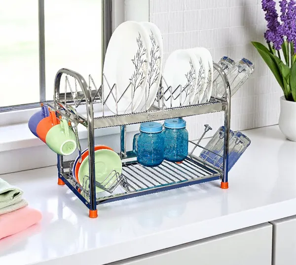 Amol®_Premium_2-Tier_Stainless_Steel_Kitchen_Rack_–_Multi-Purpose_Dish_Drainer,_Utensils_Organizer_with_Cup_Holder_|_Rust_Proof_Wall_Mount_&_Countertop_Space_Saving_Kitchen_Stand_for_Indian_Homes