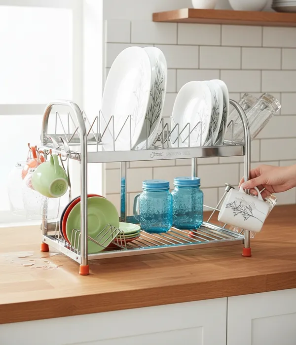 Amol®_Premium_2-Tier_Stainless_Steel_Kitchen_Rack_–_Multi-Purpose_Dish_Drainer,_Utensils_Organizer_with_Cup_Holder_|_Rust_Proof_Wall_Mount_&_Countertop_Space_Saving_Kitchen_Stand_for_Indian_Homes