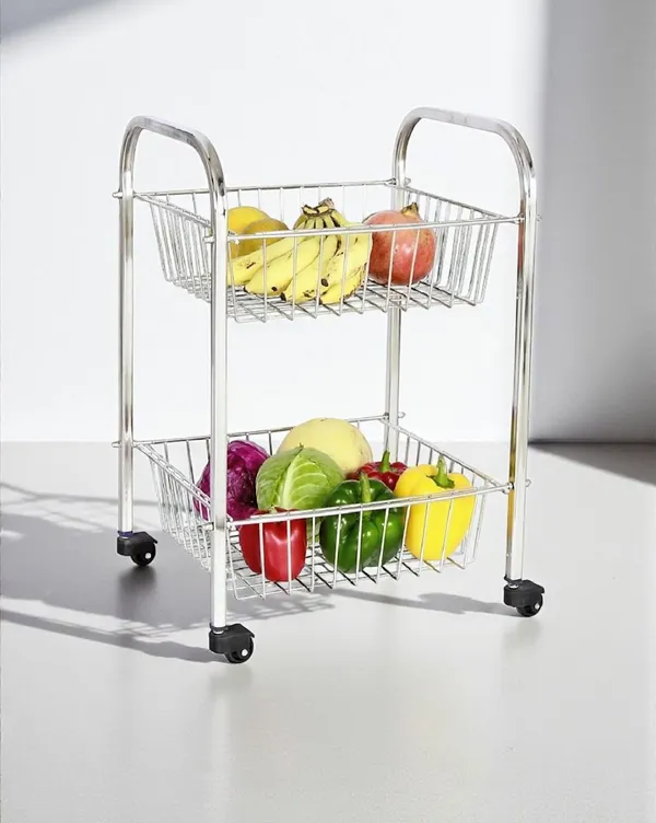 Stainless_Steel_Basket/Onion/Potato/Grocery/Fruit/Kitchen_Wheel_Trolley_2_Layer/Tier_Medium_Size_Stainless_Steel_Kitchen_Trolley_30_X_30_X_50_Cm
