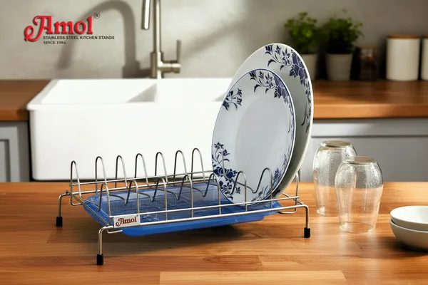 Dish_Holder_For_12_Plates_Stainless_Steel_Dish_Stand/Dish_Rack_With_Plastic_Tray_For_Draining_33_X_19.1_X_30.5_Cm