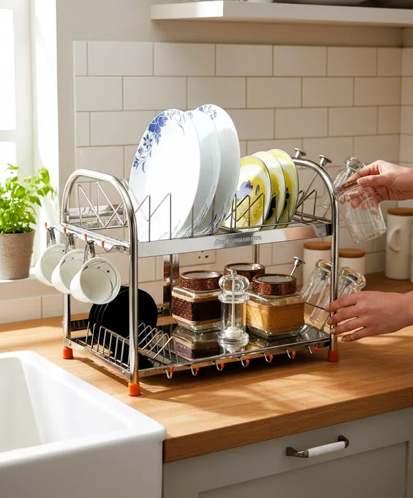 Amol®_Stainless_Steel_Dish_Rack_15_x_18_x_11_in_—_Kitchen_Stand_&_Organizer_Rack_|_Plate,_Cutlery_&_Utensil_Holder