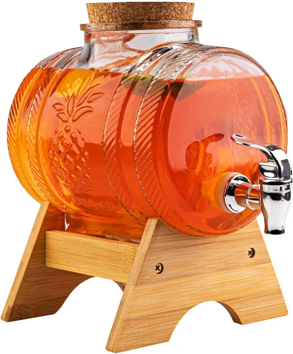 3_Liter_Glass_Iced_Drink_Dispenser_with_Spout_&_Tap,_Lid_&_Wooden_Stand_Cold_Beverage_Dispenser_for_Water,_Juice,Beer,Cocktails,Home_&_Restaurant,Office,_Bar,_Party