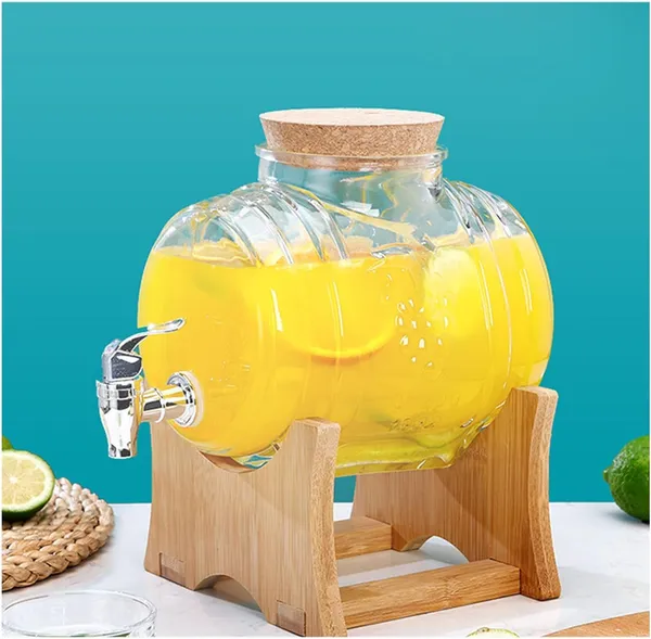 3_Liter_Glass_Iced_Drink_Dispenser_with_Spout_&_Tap,_Lid_&_Wooden_Stand_Cold_Beverage_Dispenser_for_Water,_Juice,Beer,Cocktails,Home_&_Restaurant,Office,_Bar,_Party