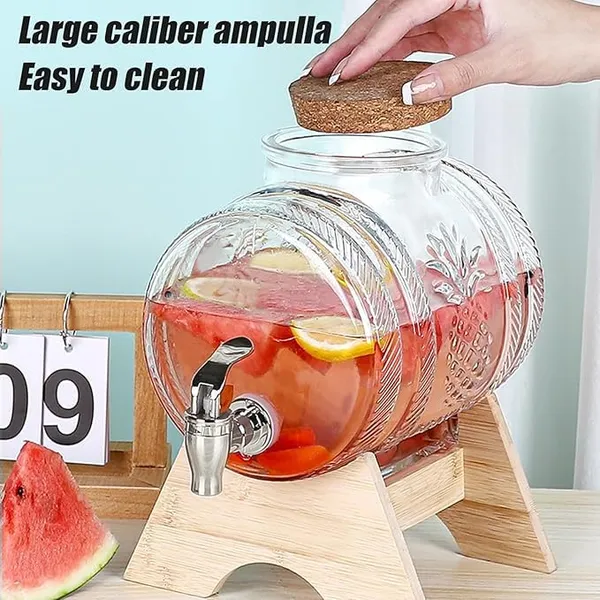 3_Liter_Glass_Iced_Drink_Dispenser_with_Spout_&_Tap,_Lid_&_Wooden_Stand_Cold_Beverage_Dispenser_for_Water,_Juice,Beer,Cocktails,Home_&_Restaurant,Office,_Bar,_Party