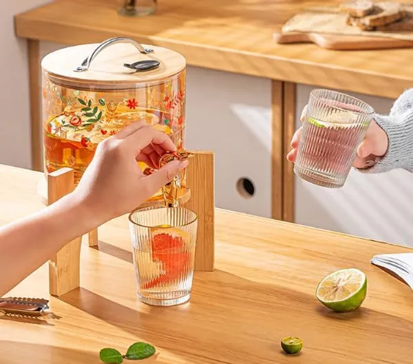 2.8_Liters__Glass_Beverage_Dispenser_Bamboo_Stand_and_Gold_Deer_Topper,_Drink_Dispensers_for_Beer,_Cocktails,_Detox_Drinks_Perfect_for_Parties,Bars,_Restaurants,Weddings,Daily_Uses
