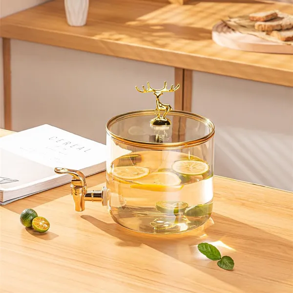 2.8_Liters__Glass_Beverage_Dispenser_Bamboo_Stand_and_Gold_Deer_Topper,_Drink_Dispensers_for_Beer,_Cocktails,_Detox_Drinks_Perfect_for_Parties,Bars,_Restaurants,Weddings,Daily_Uses