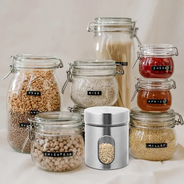 600ML_Stainless_Steel_Canister_Glass_Jar_With_Lid,Premium_Pantry_Organizers_Containers_&_Perfect_Kitchen_Storage_For_Canning_Cereal,Pasta_&_Beans_Containers_Set_Of_2
