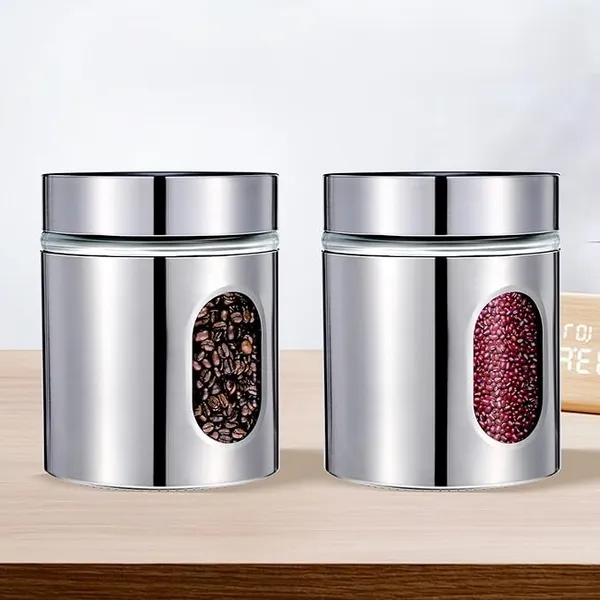 600ML_Stainless_Steel_Canister_Glass_Jar_With_Lid,Premium_Pantry_Organizers_Containers_&_Perfect_Kitchen_Storage_For_Canning_Cereal,Pasta_&_Beans_Containers_Set_Of_2