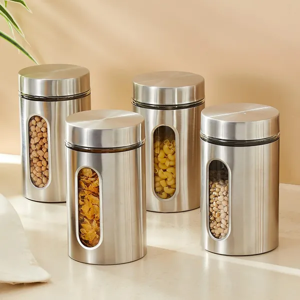 950ML_Stainless_Steel_Canister_Glass_Jar_With_Lid,Premium_Pantry_Organizers_Containers_&_Perfect_Kitchen_Storage_For_Canning_Cereal,Pasta_&_Beans_Containers_Set_Of_4