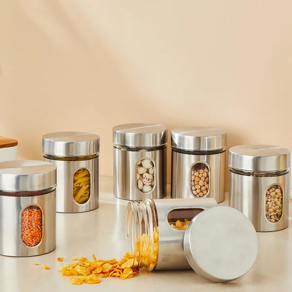 400ML_Stainless_Steel_Canister_Glass_Jar_With_Lid,Premium_Pantry_Organizers_Containers_&_Perfect_Kitchen_Storage_For_Canning_Cereal,Pasta_&_Beans_Containers_Set_Of_6