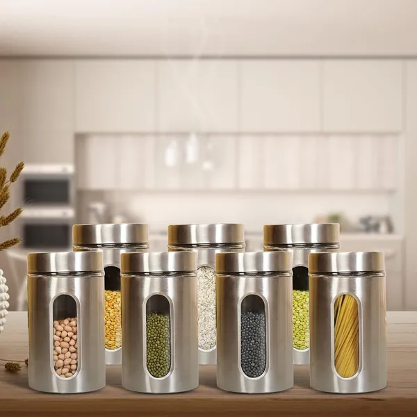 1000ML_Stainless_Steel_Canister_Glass_Jar_With_Lid,Premium_Pantry_Organizers_Containers_&_Perfect_Kitchen_Storage_For_Canning_Cereal,Pasta_&_Beans_Containers_Set_Of_6