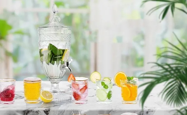 Premium_Water_and_Juice_Glasses_and_Beverage_Dispenser_Set_Combo_[6_Piece_Glass_280ML_&_1_Piece_Drink_Dispenser_2.8_Liter]_for_Dining_Table,Home_&_Restaurant,Party_(MTS_-_28)