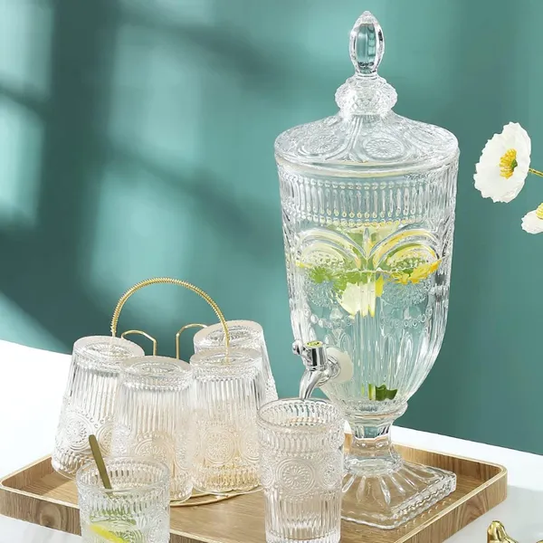 Premium_Water_and_Juice_Glasses_and_Beverage_Dispenser_Set_Combo_[6_Piece_Glass_280ML_&_1_Piece_Drink_Dispenser_2.8_Liter]_for_Dining_Table,Home_&_Restaurant,Party_(MTS_-_28)
