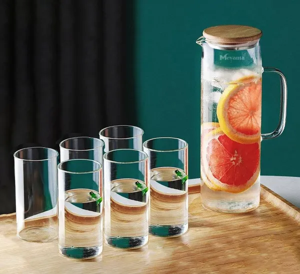 Premium_Water_and_Juice_Glass_&_Borosilicate_Glass_Jug_Set_Combo_[6_Piece_Glass_300ML_&_1_Piece_Jug_with_Bamboo_lid_1_Liter]_Transparent_Set_for_Dining_Table,Home_&_Restaurant_(MTS_-_22)
