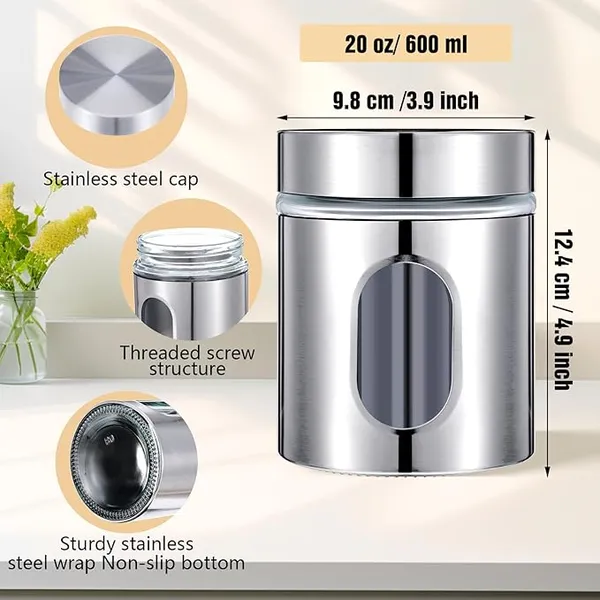 600ML_Stainless_Steel_Canister_Glass_Jar_With_Lid,Premium_Pantry_Organizers_Containers_&_Perfect_Kitchen_Storage_For_Canning_Cereal,Pasta_&_Beans_Containers_Set_Of_6