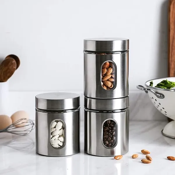 600ML_Stainless_Steel_Canister_Glass_Jar_With_Lid,Premium_Pantry_Organizers_Containers_&_Perfect_Kitchen_Storage_For_Canning_Cereal,Pasta_&_Beans_Containers_Set_Of_6